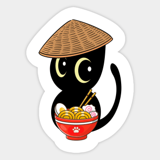 Funny Black Cat Eating Noodles Sticker